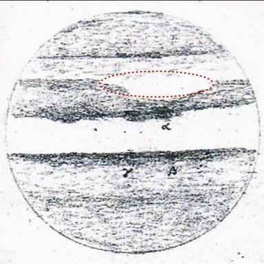 sketch of the Great Red Spot as a large oval from 1851